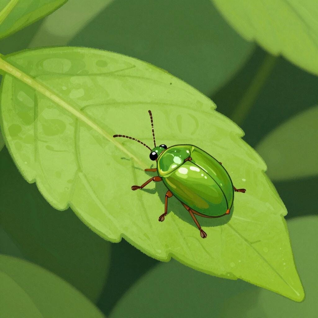 A tiny green tick attached to a leaf, showing a biological parasite.
