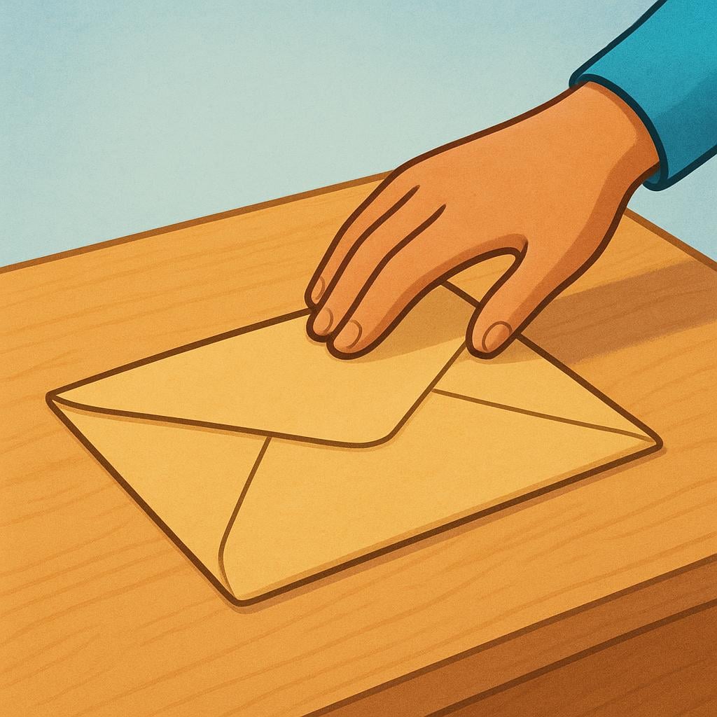 A close-up of a hand placing a sealed manila envelope onto a clean, empty wooden desk, symbolizing the submission of a document.