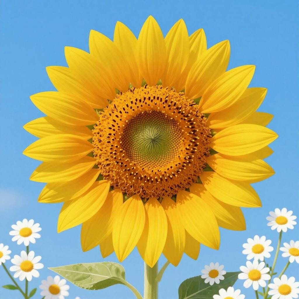 A single giant sunflower towering high above a field of tiny white daisies.