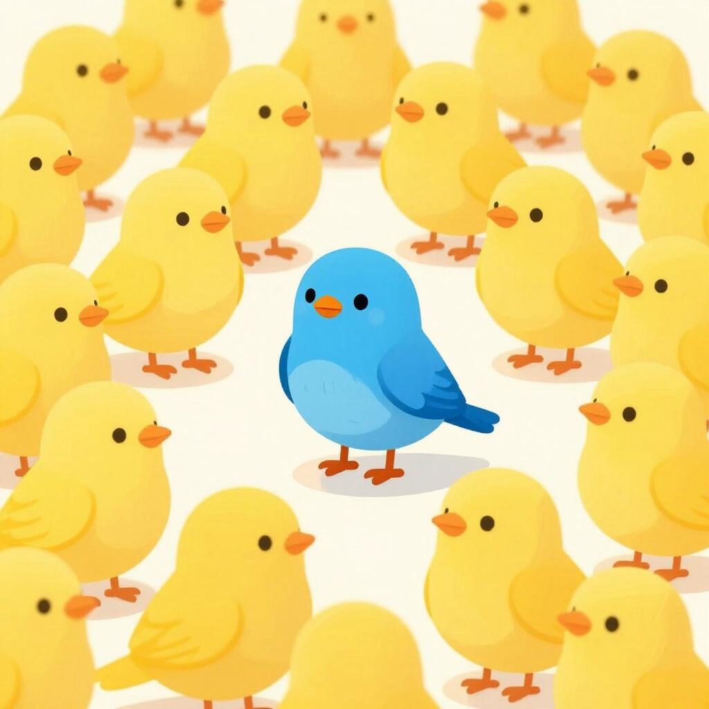 A single bright blue bird standing in a group of many yellow birds.