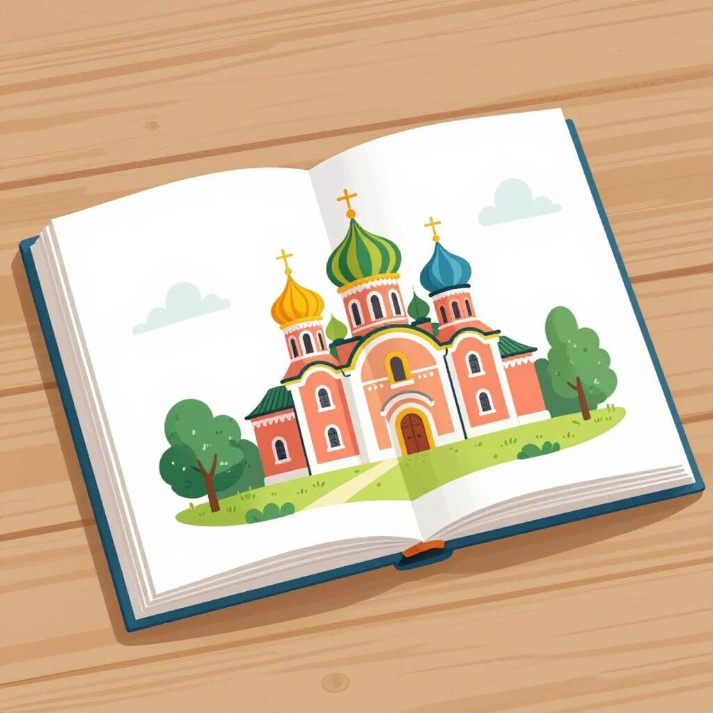 Een hoogwaardige sprookjesboekillustratie van een open boek met kleurrijke illustraties van Servische bezienswaardigheden.