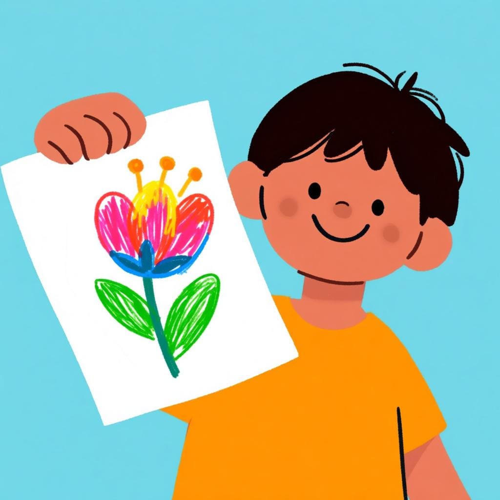 A smiling young person proudly holding up a sheet of paper displaying a freshly drawn, brightly colored picture of a flower, symbolizing the completion of an action.