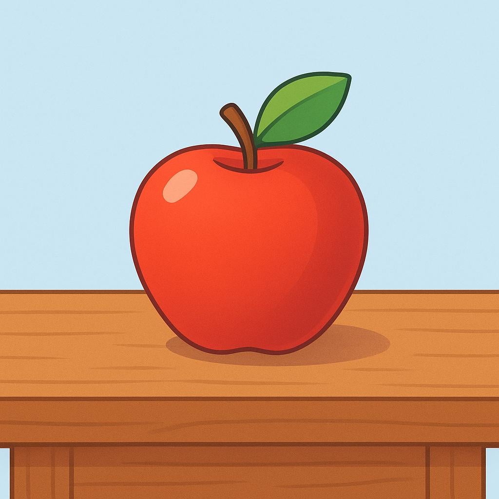 A single, bright red apple resting on a simple, flat wooden table, suggesting it has just become visible.