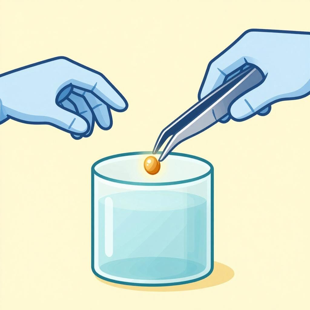 A small green seedling being placed into a specialized protective pod in a laboratory setting.