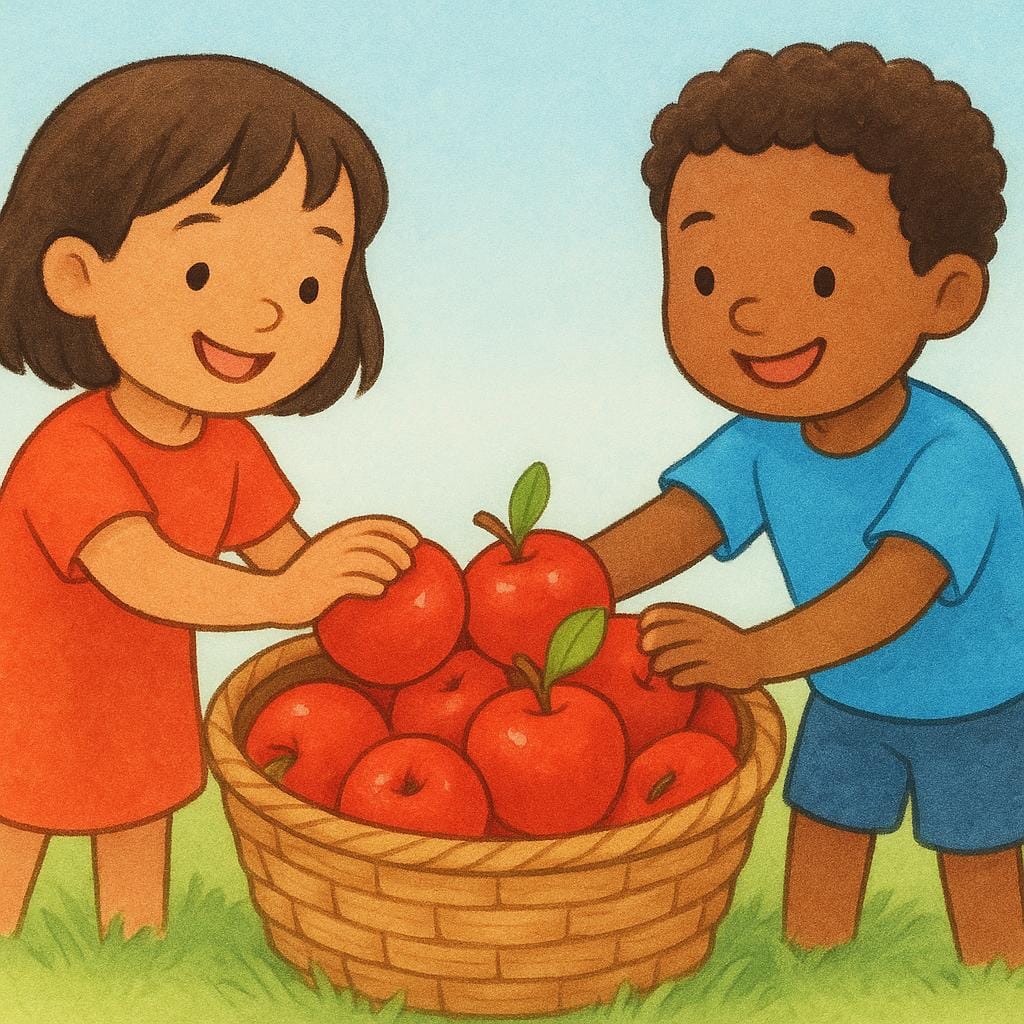 Due bambini sorridono mentre entrambi allungano la mano in un grande cesto di vimini per afferrare una mela rosso vivo.