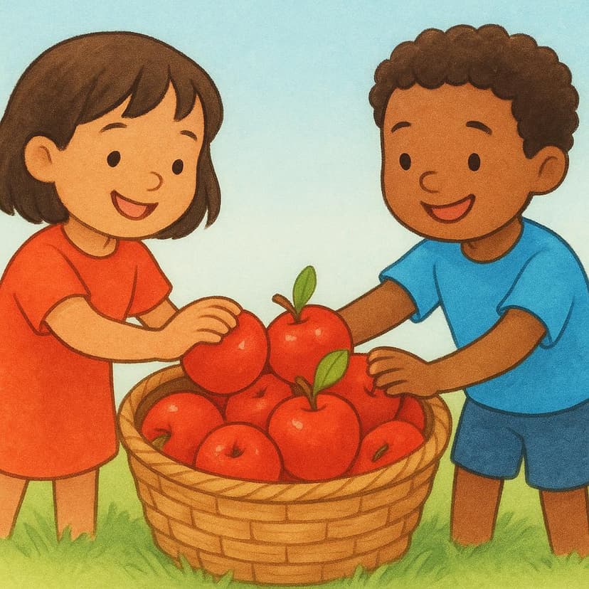 Two children smiling as they both reach into a large wicker basket to grab a bright red apple.