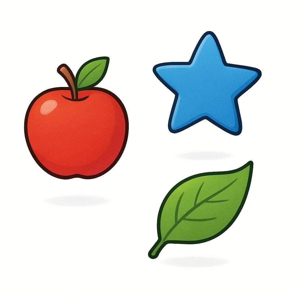Três imagens simples e distintas: uma maçã vermelha, uma estrela azul e uma folha verde, flutuando contra um fundo neutro, representando imagens visuais.