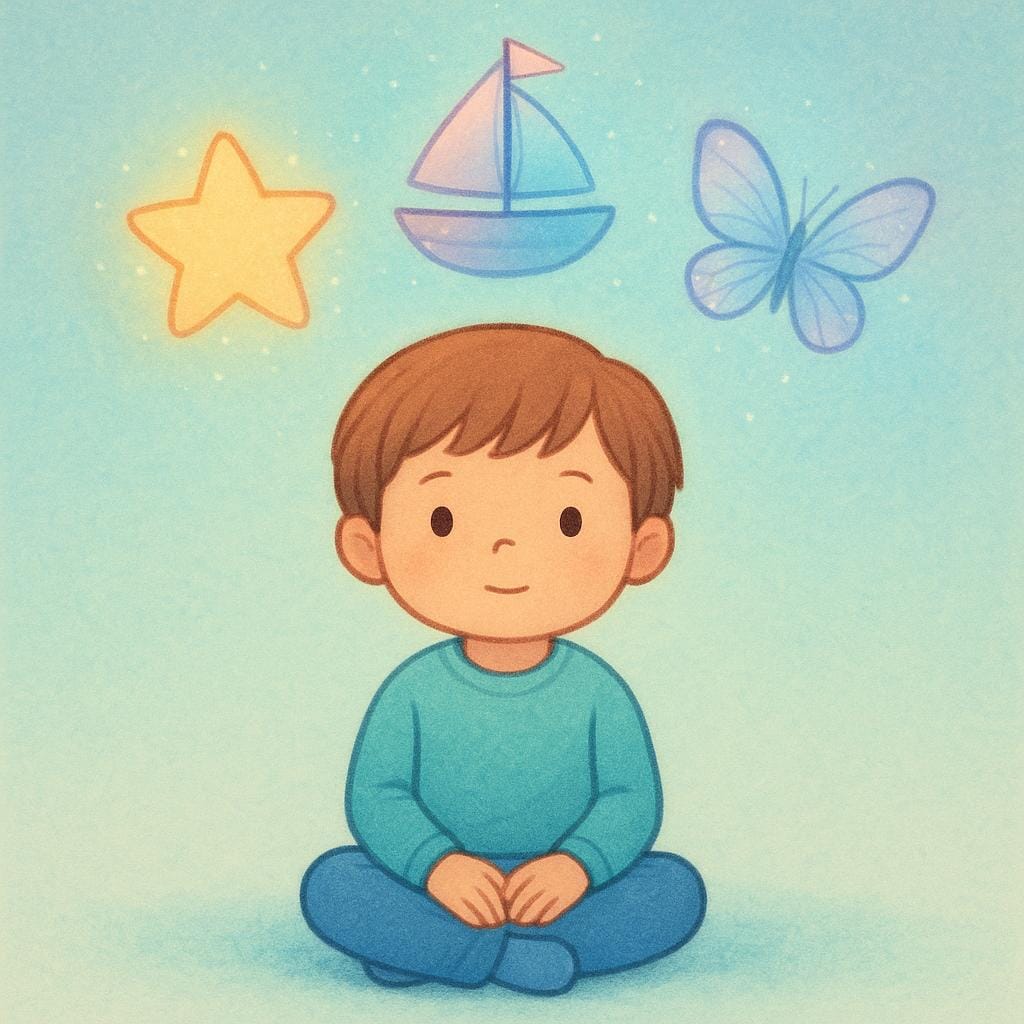 A young child sits quietly, looking thoughtful. Above the child's head, several glowing, translucent images like a floating castle and a soaring bird appear, representing dreams or visions.