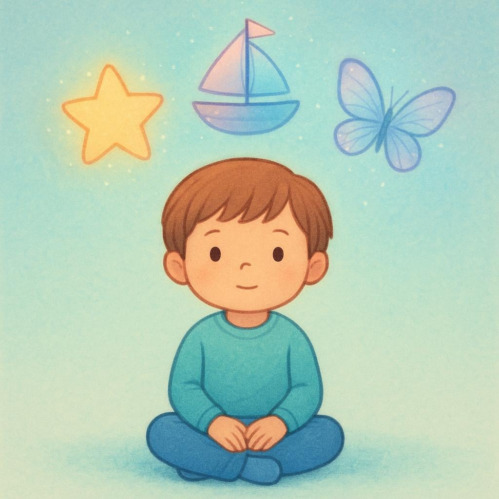 A young child sits quietly, looking thoughtful. Above the child's head, several glowing, translucent images like a floating castle and a soaring bird appear, representing dreams or visions.