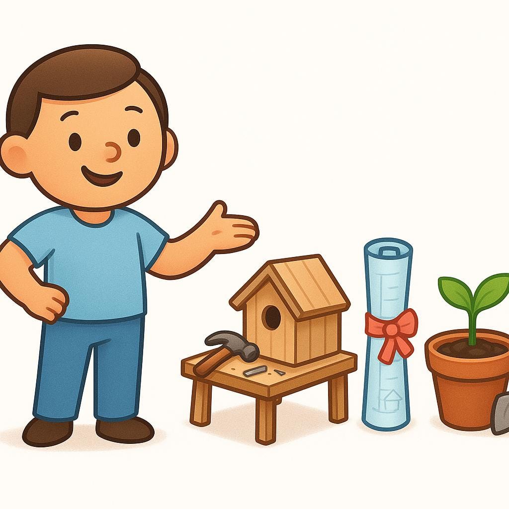 A simple, cheerful cartoon figure stands next to three distinct, small objects representing different personal undertakings: a partially built wooden birdhouse, a rolled-up blueprint tied with ribbon, and a seedling growing in a flowerpot.