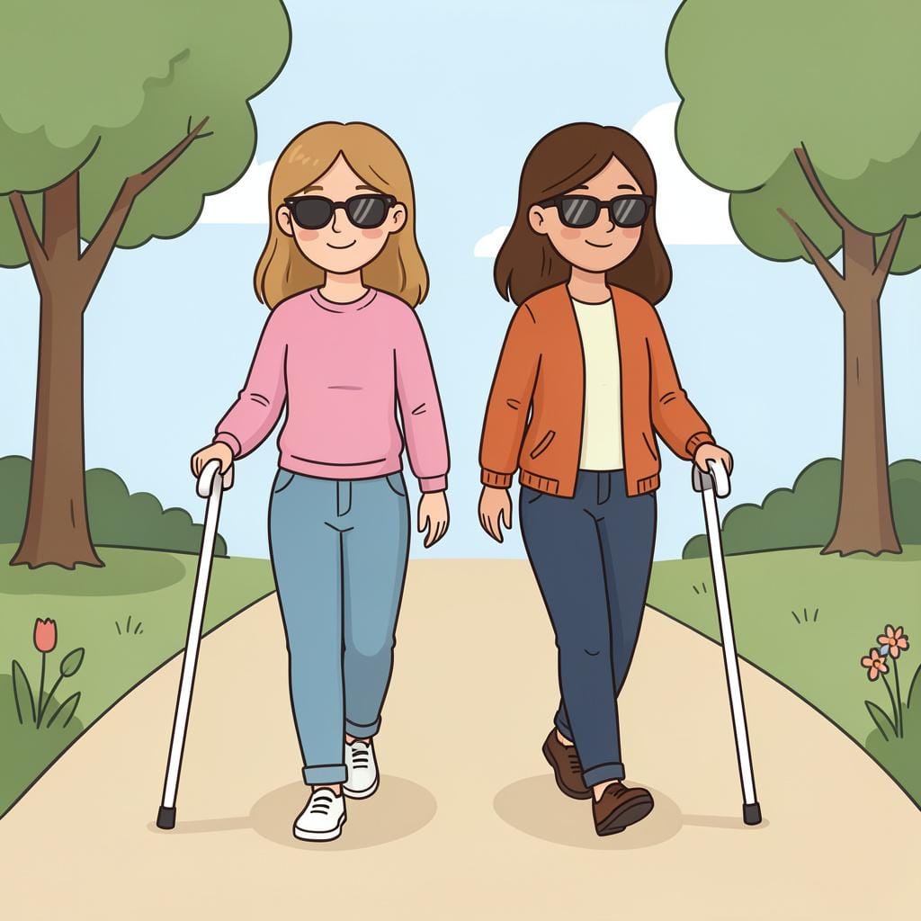 Zwei Frauen mit Sonnenbrillen und weißen Stöcken, die zusammen gehen.