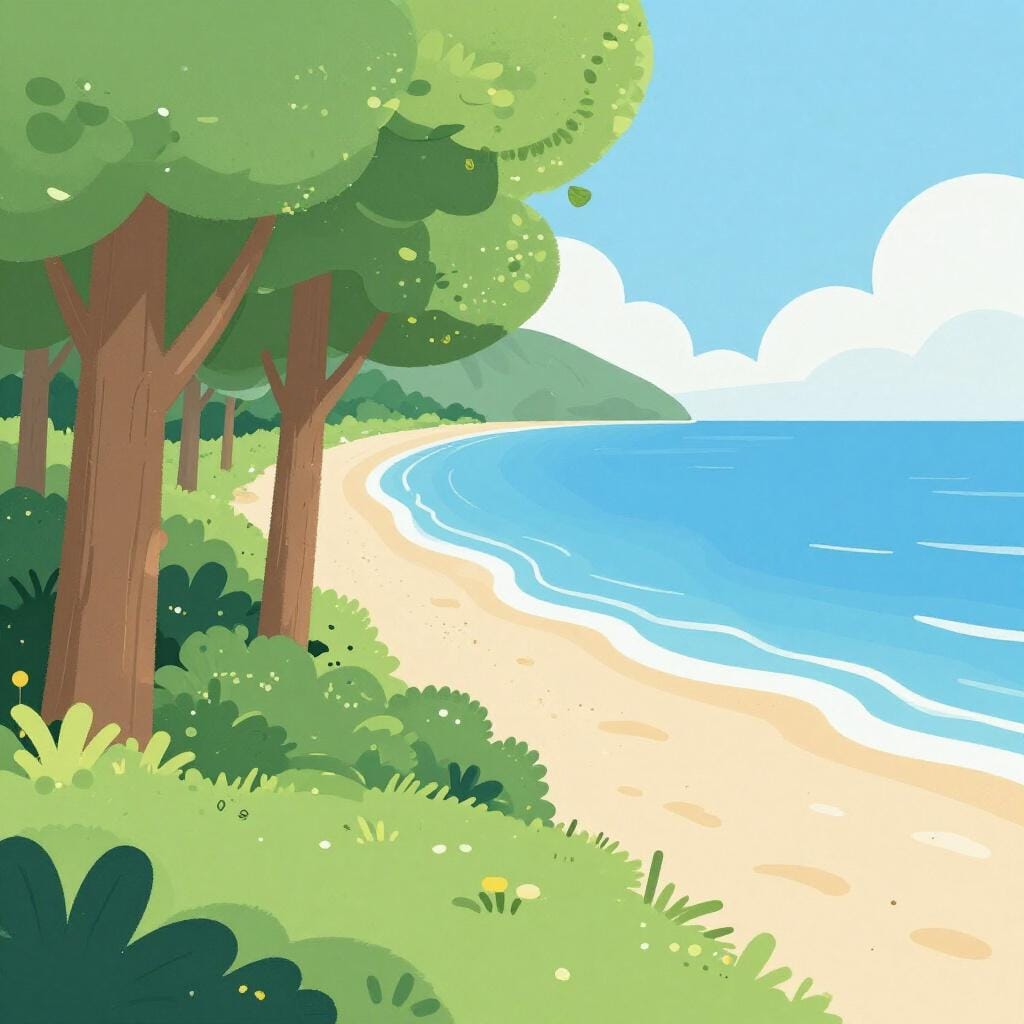 Eine Landschaftsszene eines Waldes, die langsam in eine Strandszene übergeht.