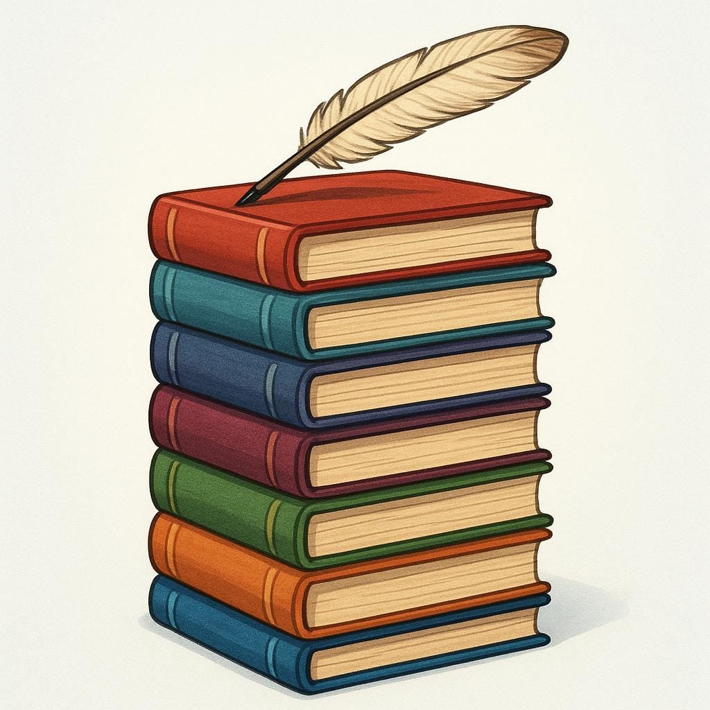 A neat stack of five colorful, distinct books, representing an author's collected works, with a classic feather quill resting on the top book.