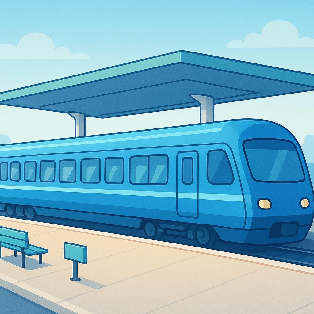 A simple illustration of a train platform. A large blue train is stopped at the platform, ready for passengers.