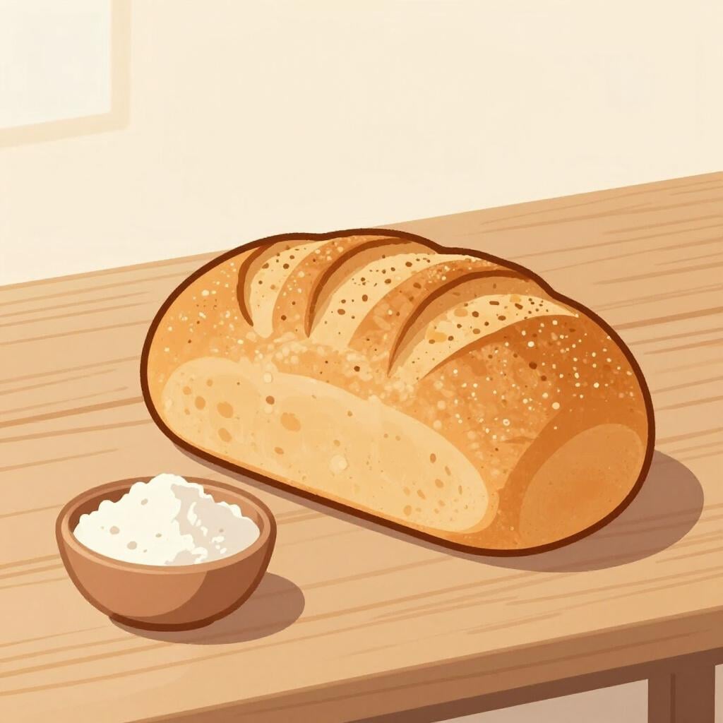 A warm, steaming loaf of bread sitting on a rustic wooden table next to a bowl of flour.