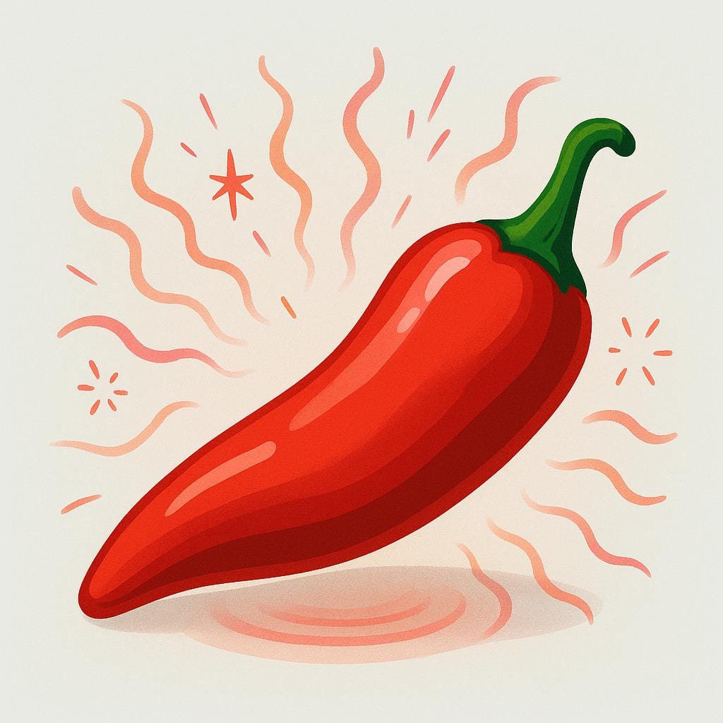 A drawing of a single, large, vibrant red chili pepper resting on a surface, emitting visible waves of heat and energy, symbolizing vigor and excitement.