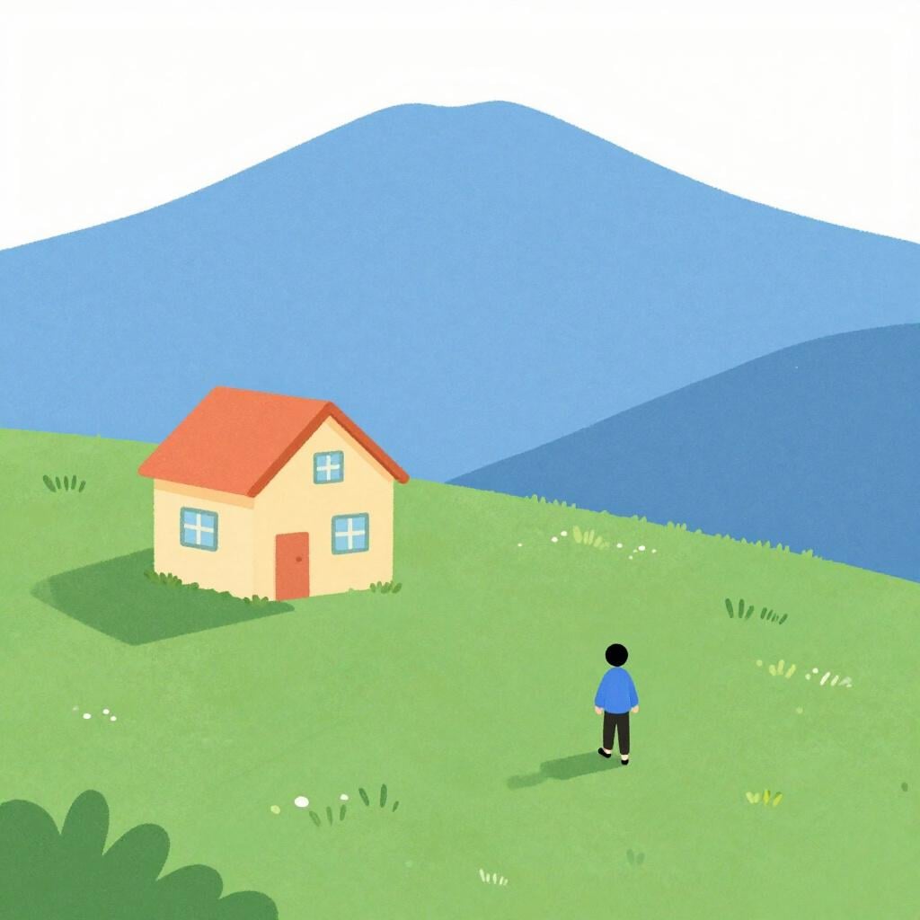 A small figure walking away from a cozy house towards a distant horizon.
