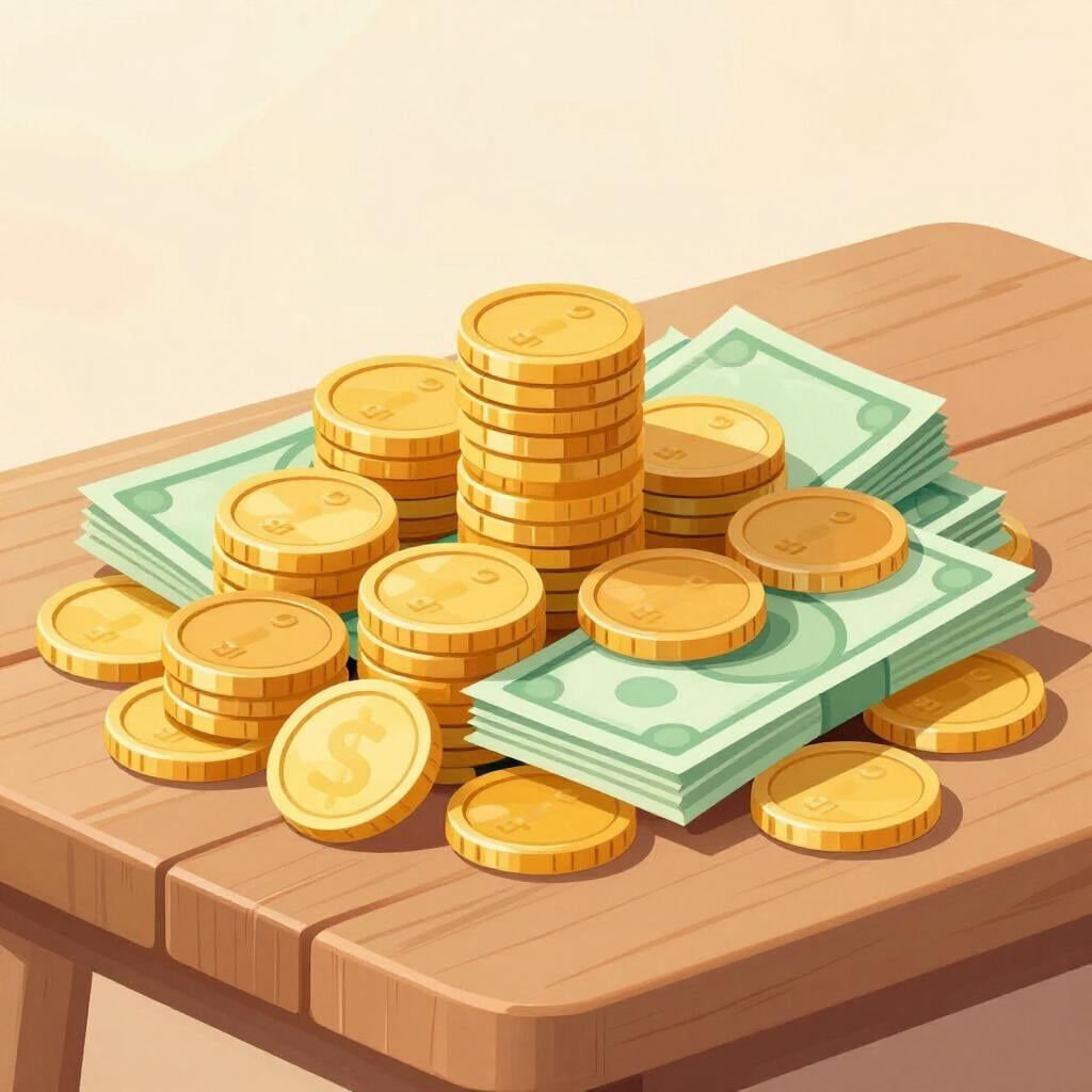 Een grote stapel zware gouden munten en bankbiljetten op een houten tafel.