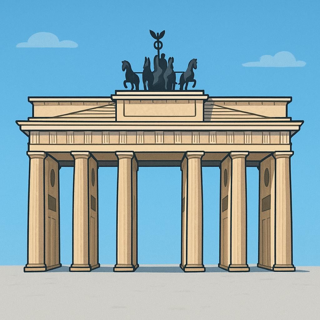A colorful illustration of the iconic Brandenburg Gate, representing the city of Berlin.