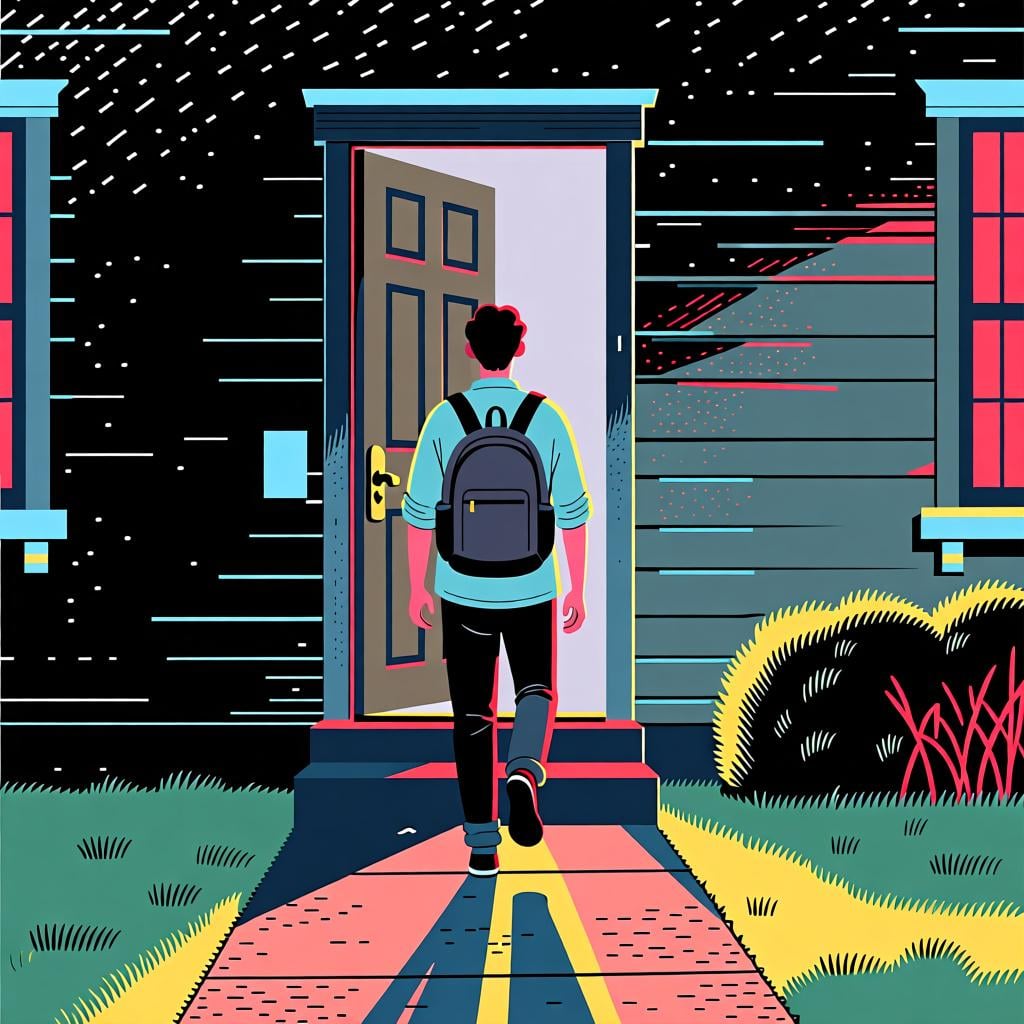 A person viewed from behind, wearing a backpack and walking out an open door towards a sunny street.