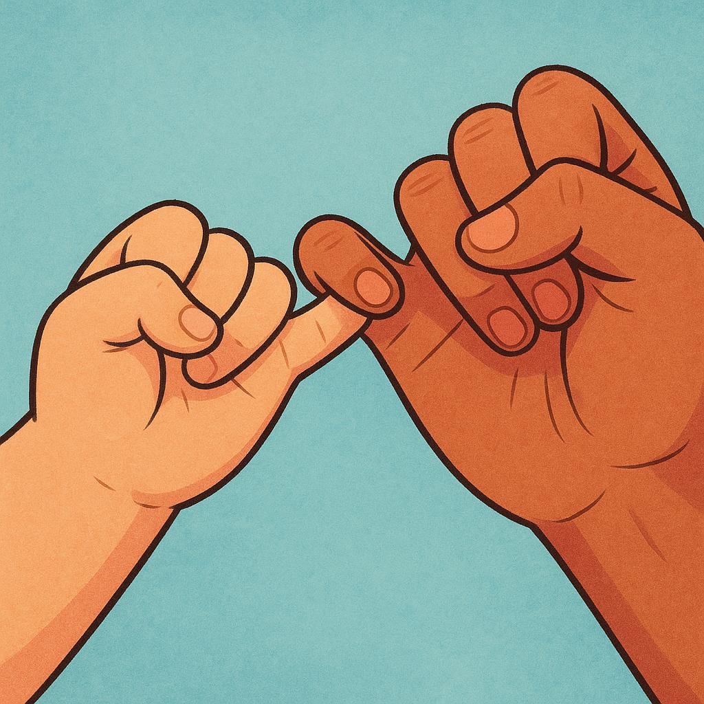A close-up view of two hands, one larger (adult) and one smaller (child), linking their pinky fingers firmly in a traditional pinky promise gesture.
