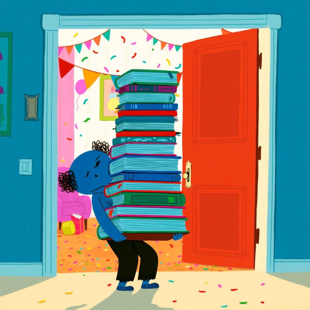 Une personne quittant à contrecœur une pièce bien éclairée, tenant une pile de livres, symbolisant une obligation.