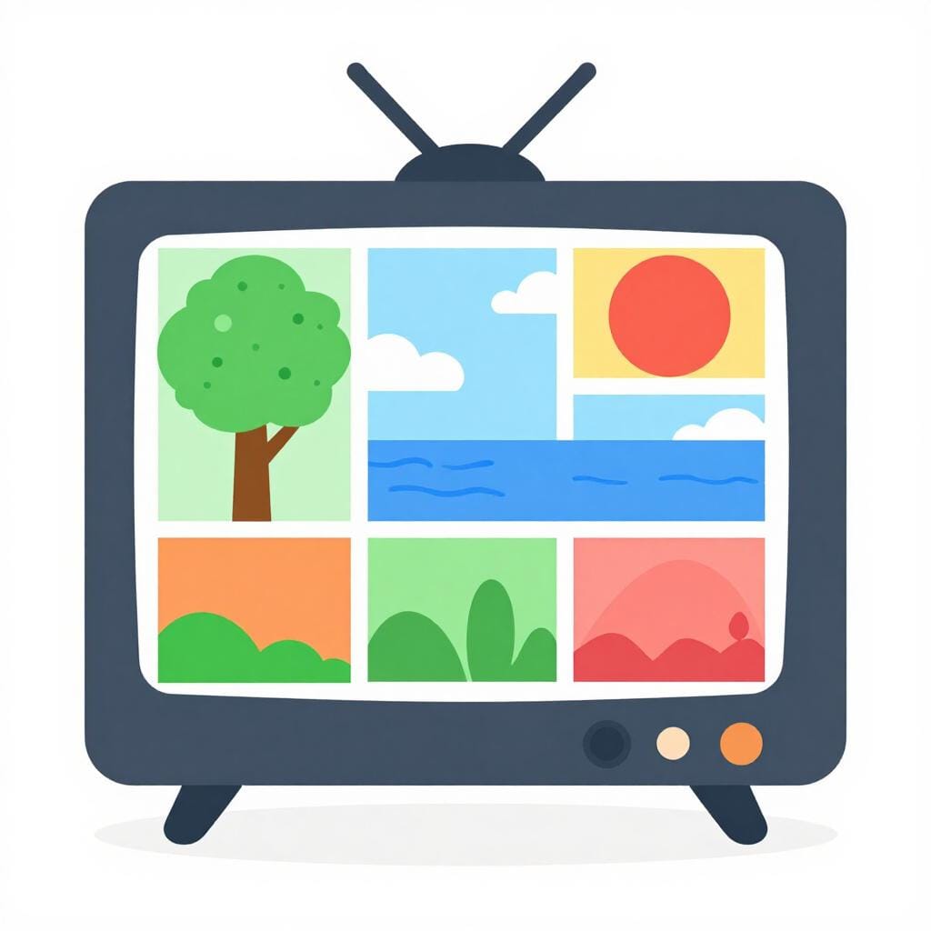 Een televisiescherm met een raster van kleurrijke iconen die verschillende programma's voorstellen, zoals een natuurdocumentaire en een tekenfilm.