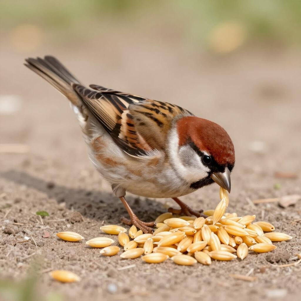 A small bird eating seeds from a pile.