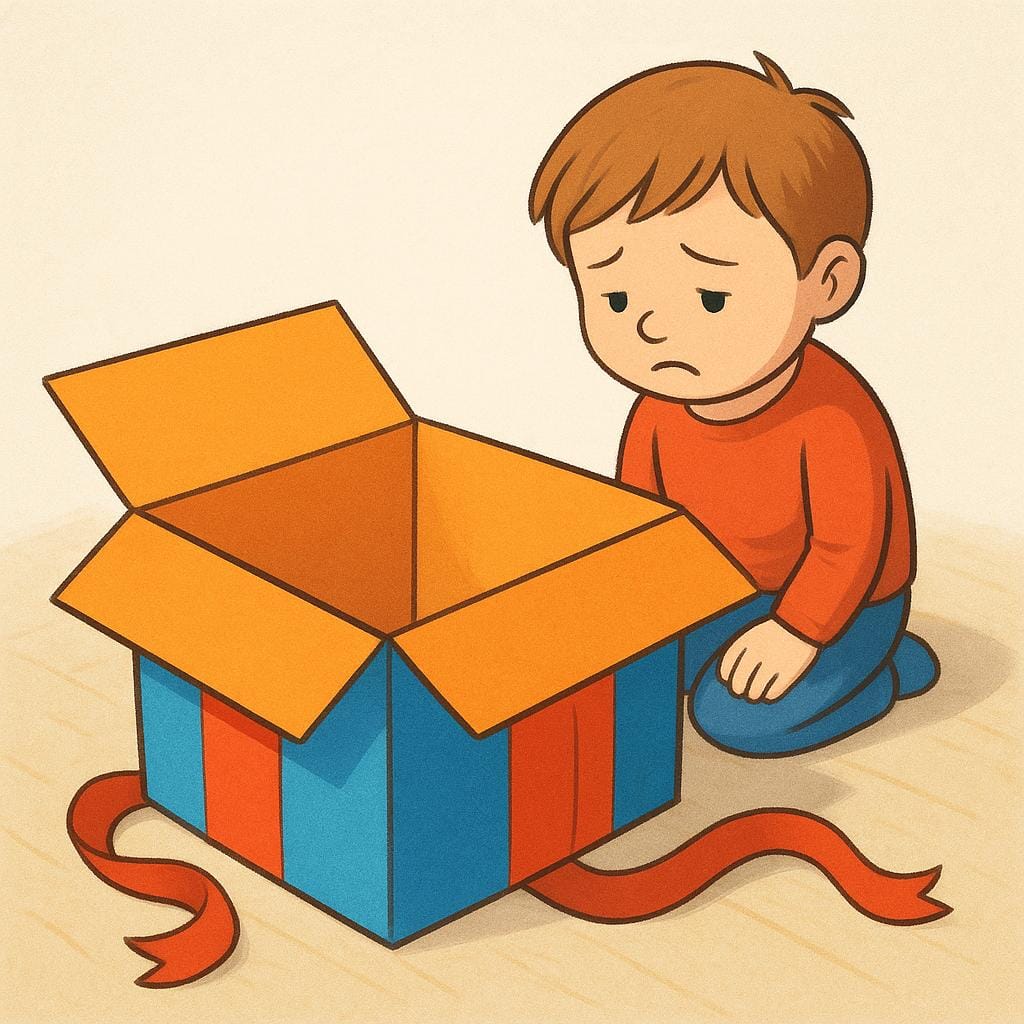 A child looks down with a disappointed expression into a brightly wrapped, open gift box that contains only an empty space.