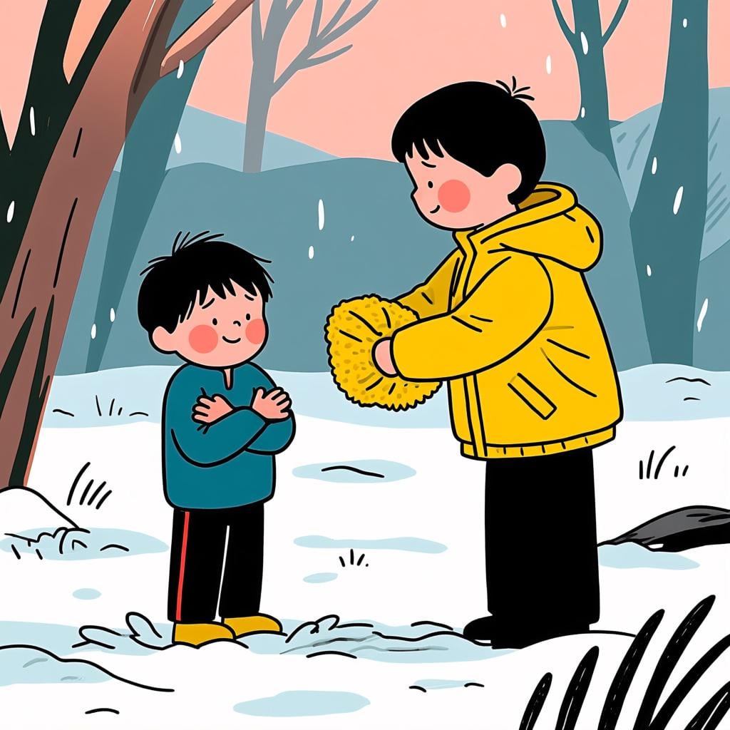 A child is standing outside shivering slightly. An older child or adult is extending a warm, thick coat towards them, advising them to take it.