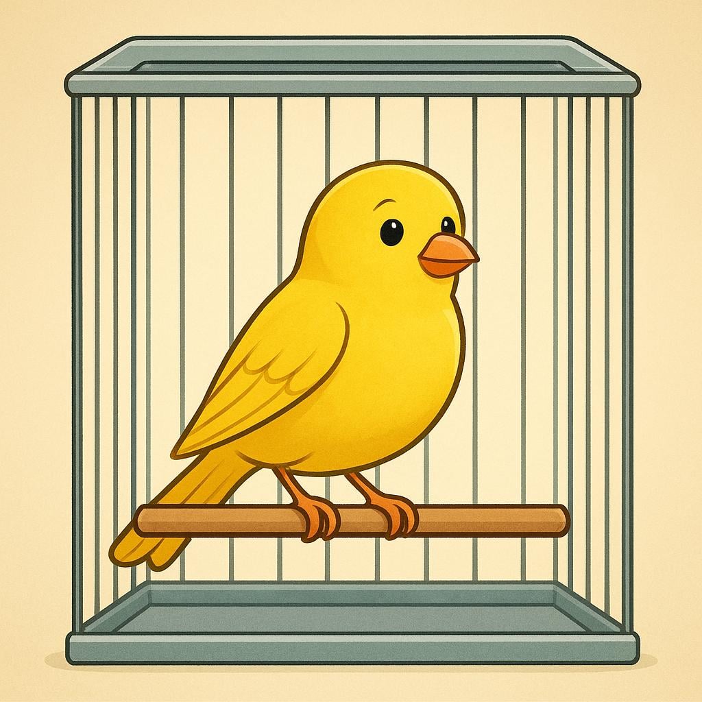 A small yellow canary sitting inside a simple metal birdcage, looking outward.