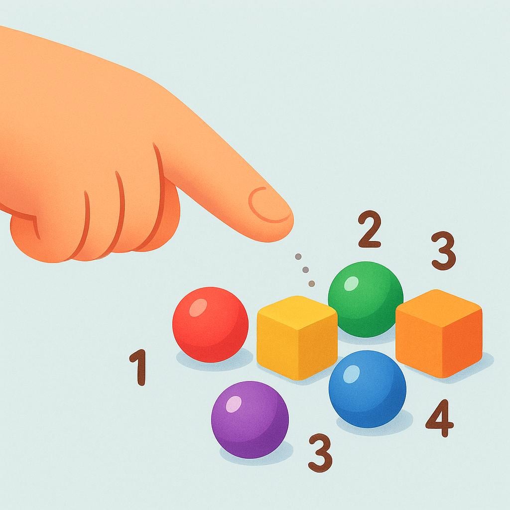 A detailed storybook illustration of a hand pointing at and touching a small collection of colorful physical objects, clearly illustrating the action of counting.