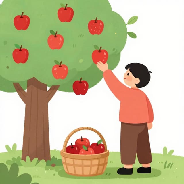 Een persoon die rijpe rode appels van een boom plukt en ze in een rieten mand legt.