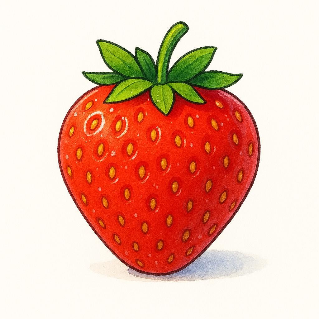 A single, perfectly ripe, bright red strawberry glistening with moisture, sitting on a clean white surface.