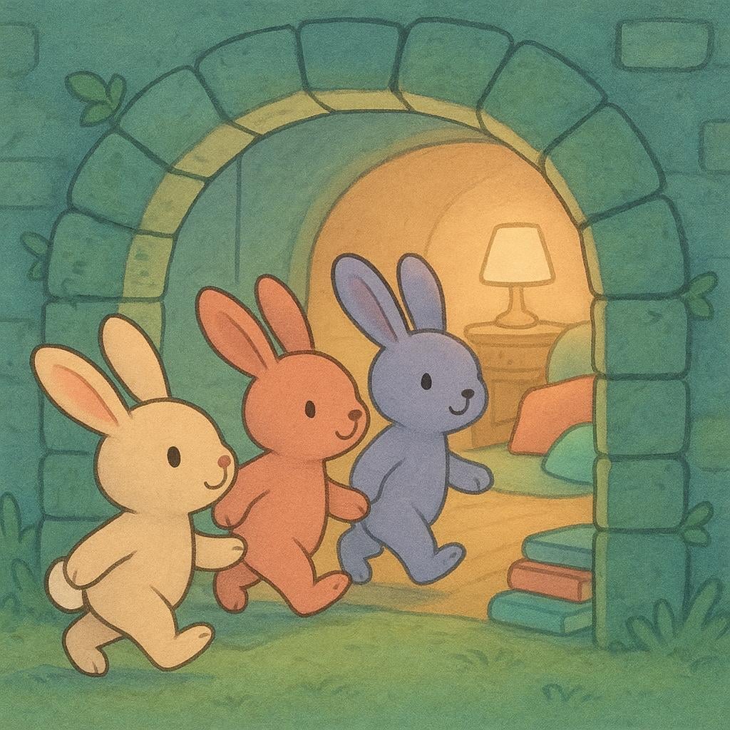 A small group of three cartoon animals, like rabbits, are walking single file through a narrow, stone archway leading into a cozy, illuminated den, clearly crossing the threshold.