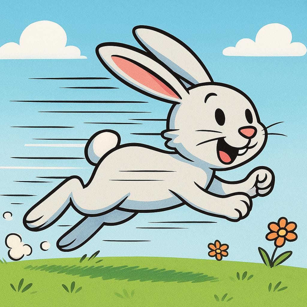 Een cartoonkonijn rent extreem snel over een veld, met overdreven snelheidslijnen erachter, wat haast symboliseert.