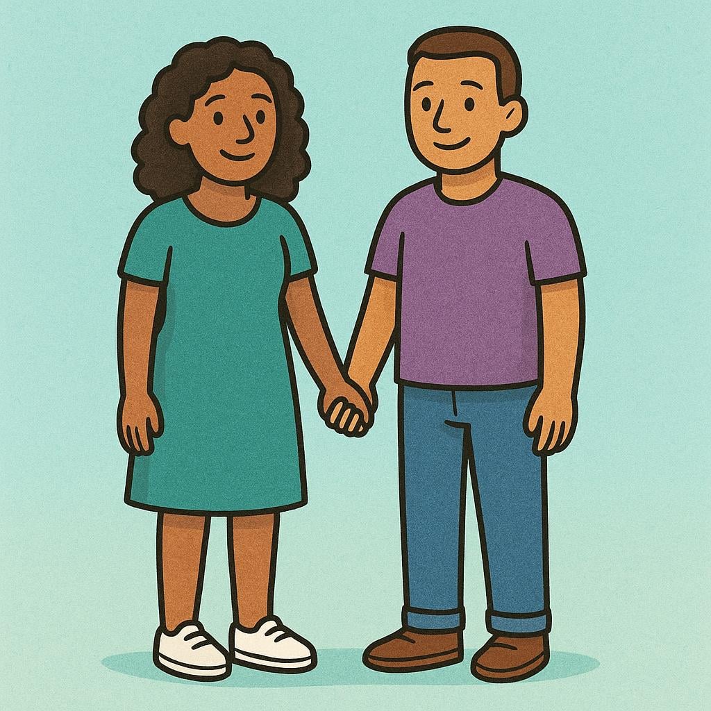 Two diverse cartoon human figures standing together, holding hands in solidarity, representing shared humanity.