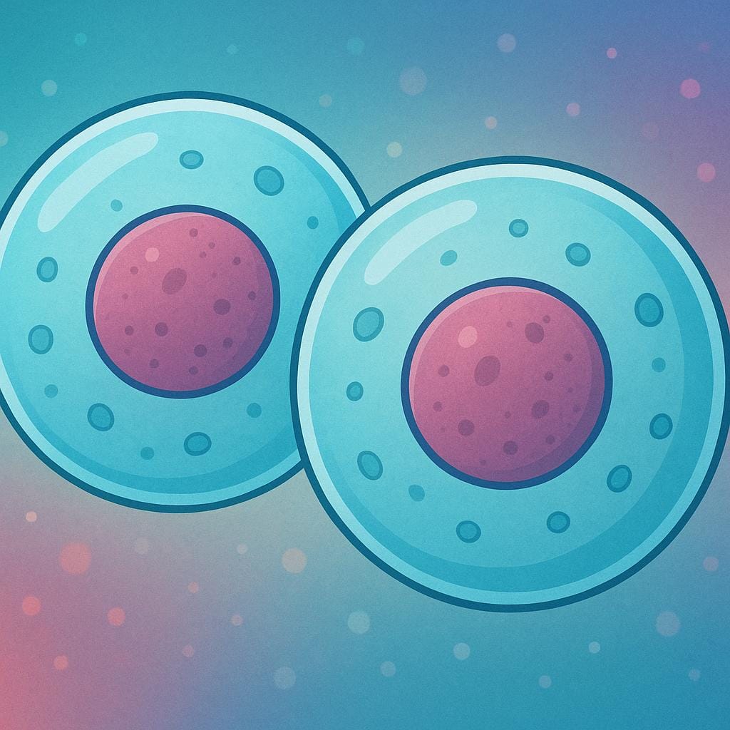 A magnified, colorful illustration of several simple biological cells clustered together.