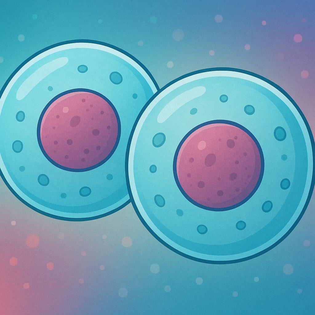 A magnified, colorful illustration of several simple biological cells clustered together.