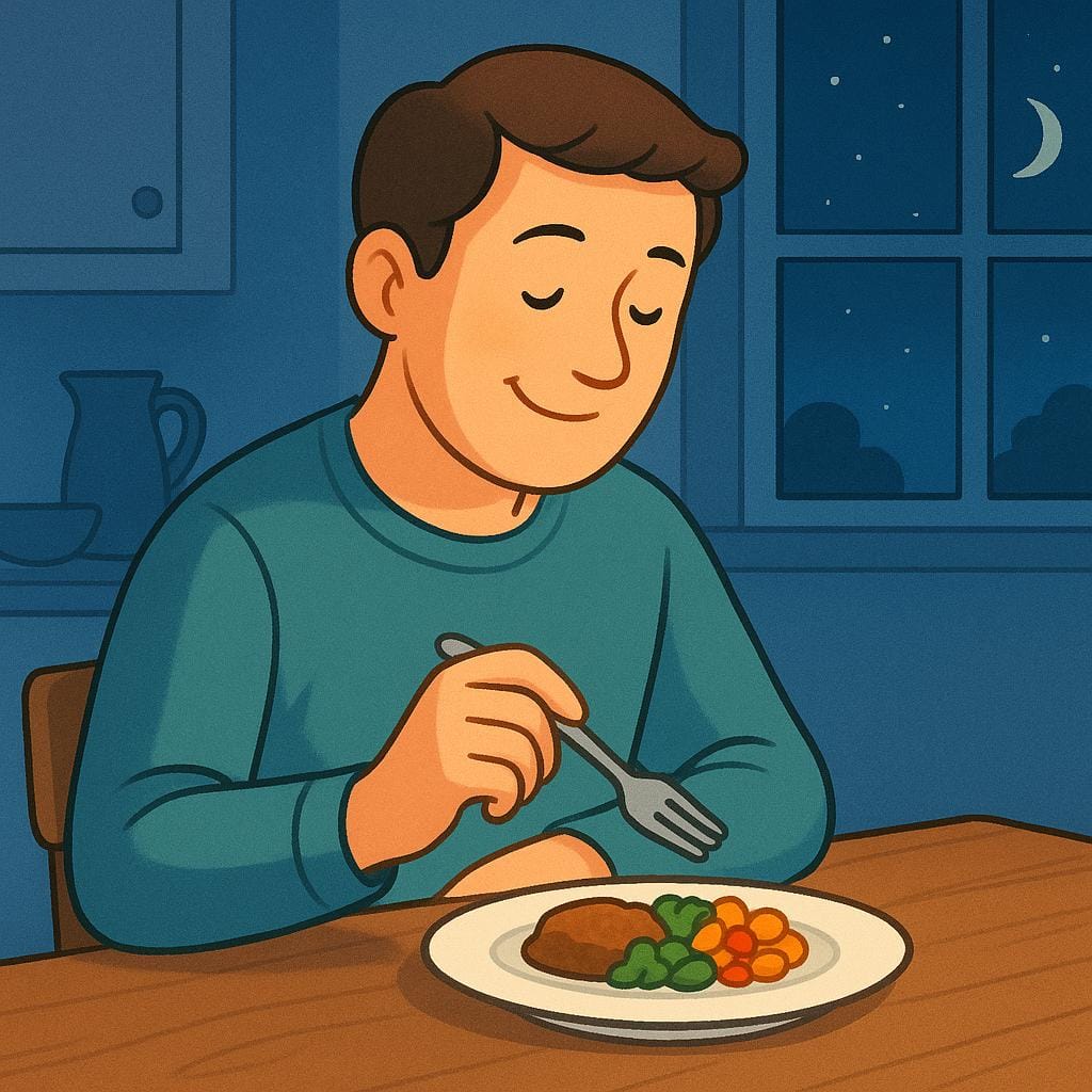 A friendly person sitting at a table in the evening, actively lifting a forkful of food to their mouth, illustrating the action of having dinner.