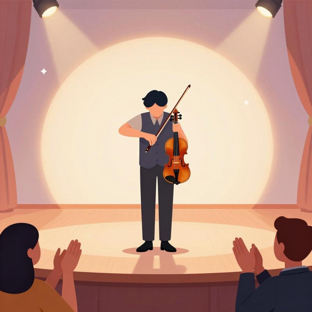 A storybook illustration of a musician on a brightly lit stage holding a violin and bowing slightly, receiving enthusiastic applause.