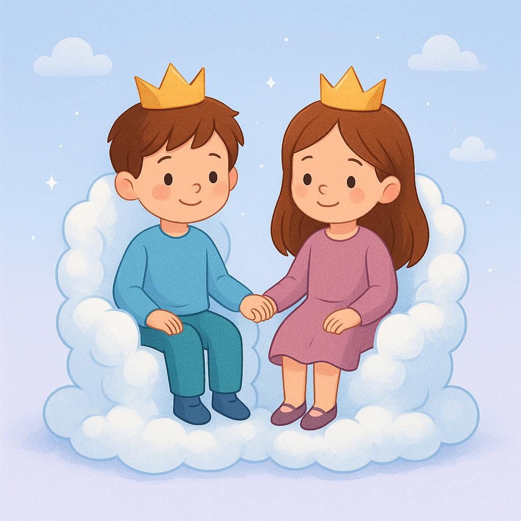 Un ragazzo e una ragazza sono seduti comodamente su piccole nuvole bianche e soffici che fluttuano nell'aria. Entrambi indossano semplici corone di carta dorata, a simboleggiare uno stato ipotetico di regalità.