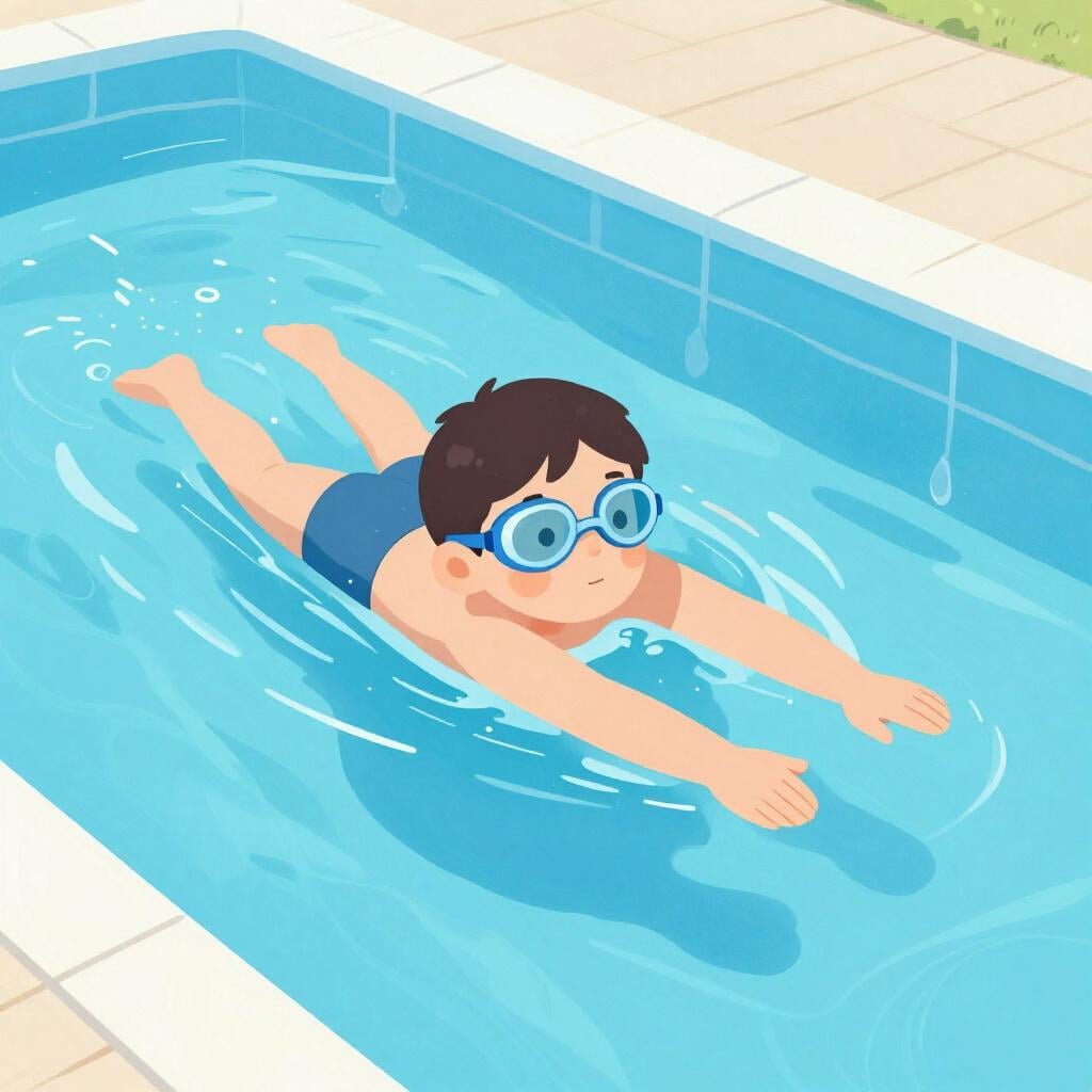 A simple illustration of a child swimming across a clear blue pool, viewed from a slightly elevated perspective.