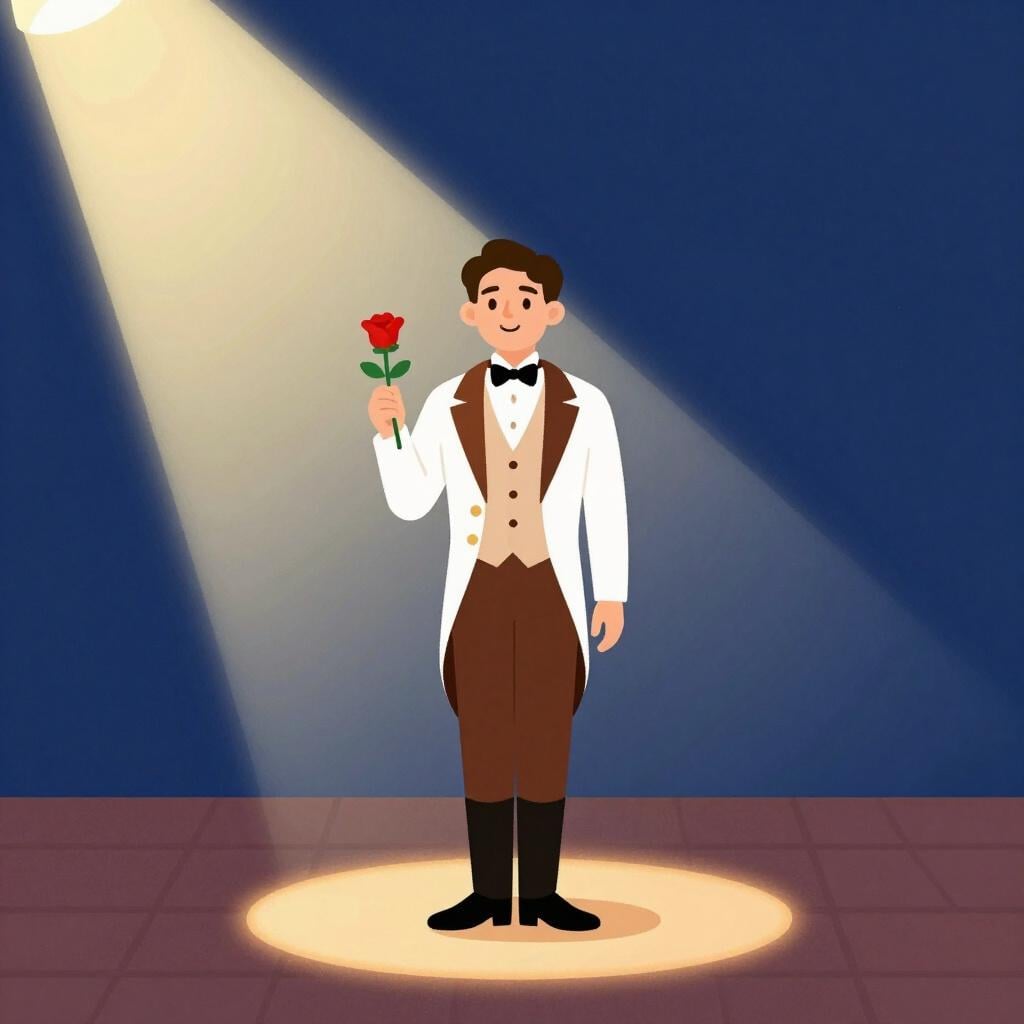 An actor on a stage under a spotlight, bowing to an audience.