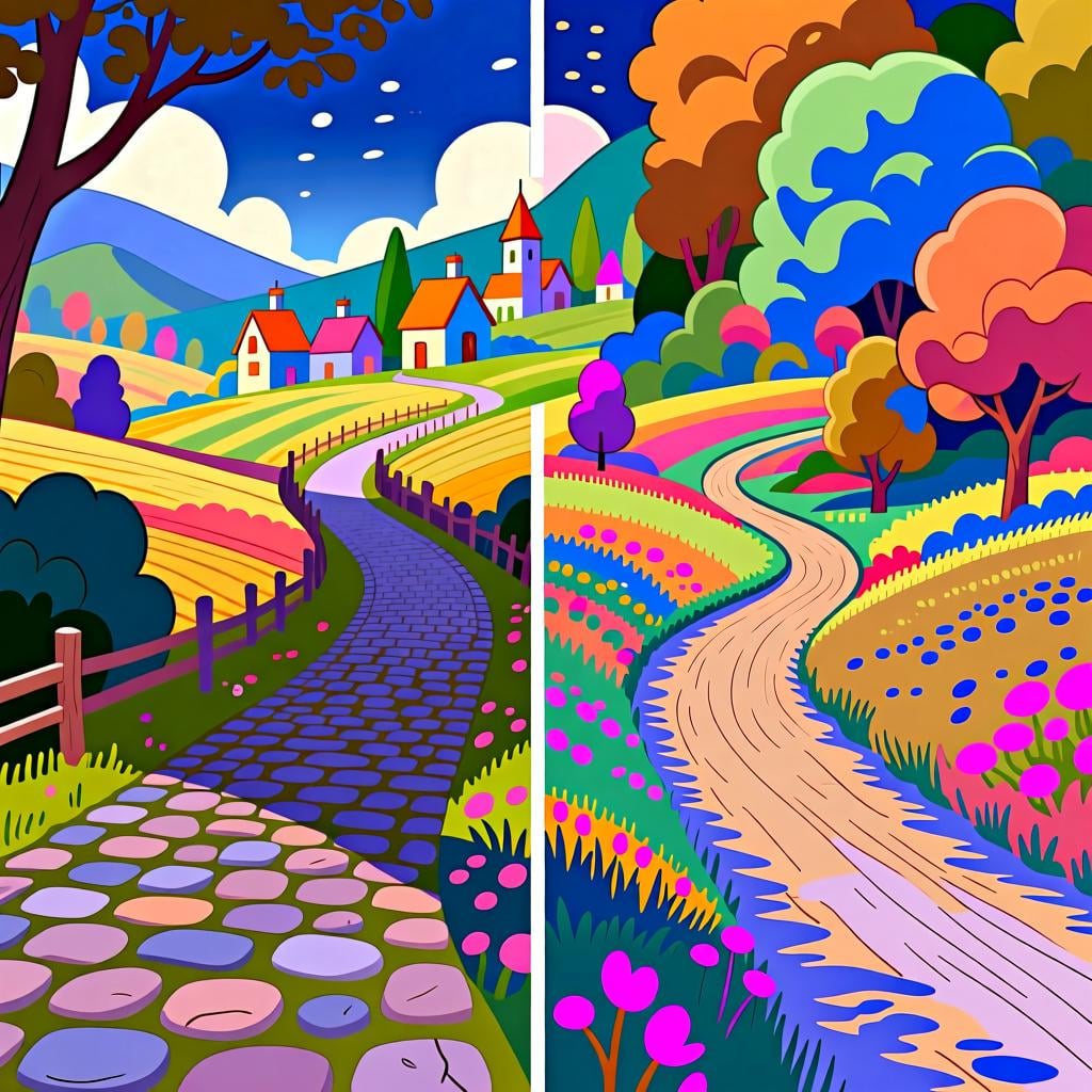 Two distinct paths, one paved and one dirt trail, both leading toward a bright, welcoming destination building.