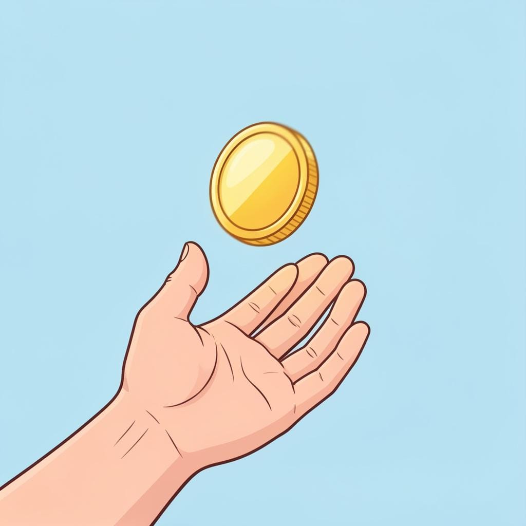 A hand tossing a shiny gold coin into the air to illustrate the concept of chance and likelihood.