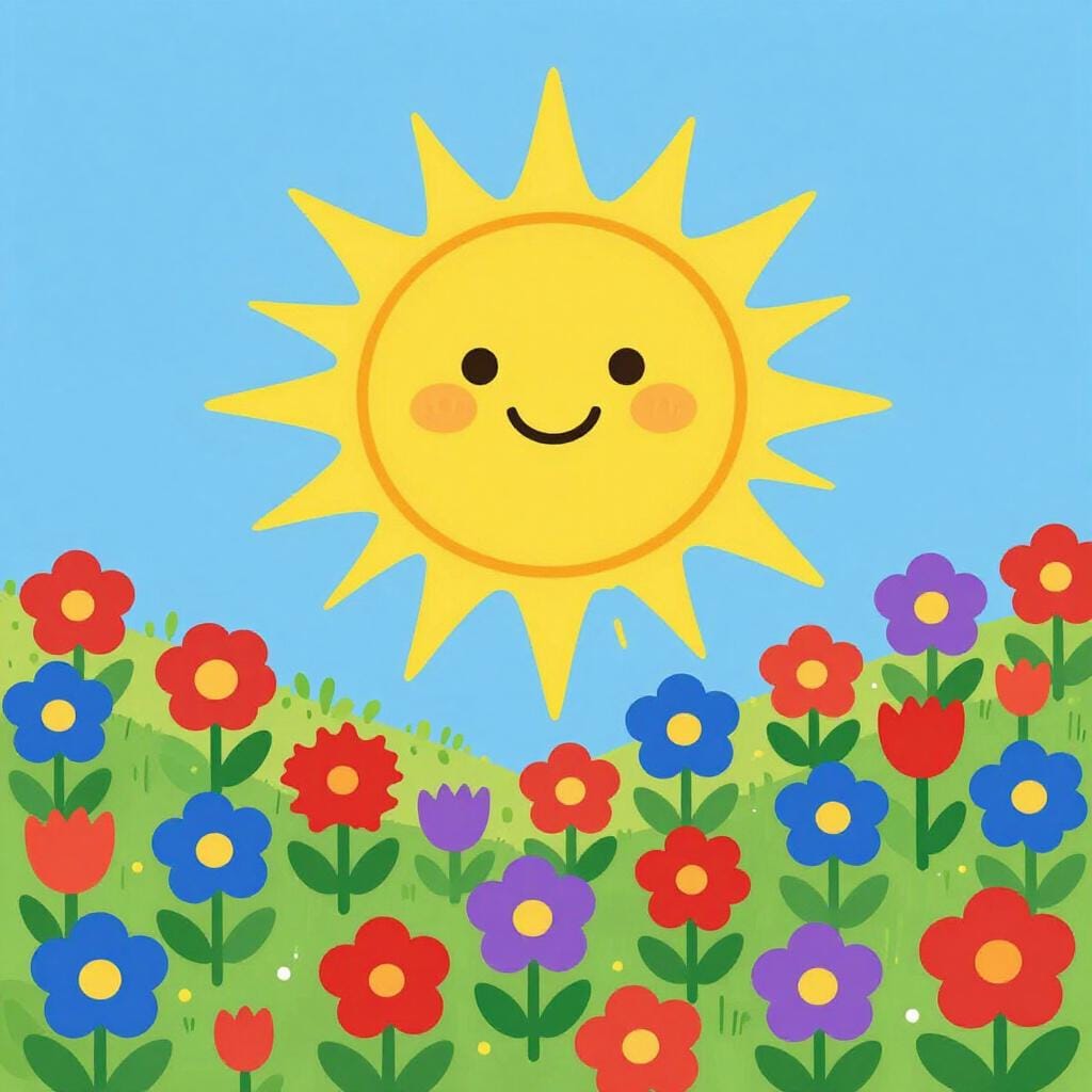 A bright yellow sun with a happy face shining over a field of colorful blooming flowers.