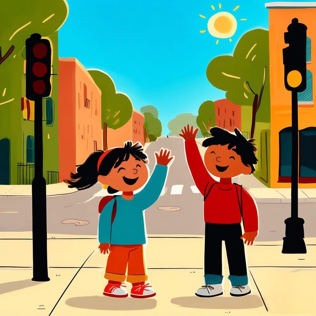 Two friends cheerfully waving goodbye to each other on a sunny street corner, illustrating a reciprocal farewell.