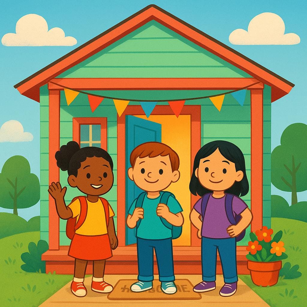 A colorful illustration showing three stylized travelers standing happily at the entrance of a brightly colored wooden house, having just arrived.