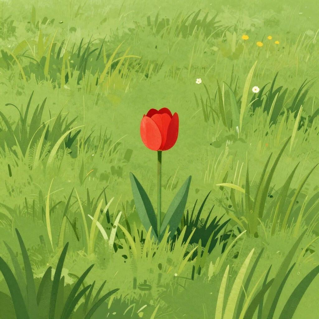 A single bright red flower blooming in a large field of green grass.